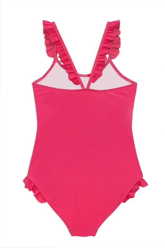 Girl - Fuchsia One Piece Ruffle - Bow Detail.