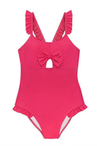 Girl - Fuchsia One Piece Ruffle - Bow Detail.