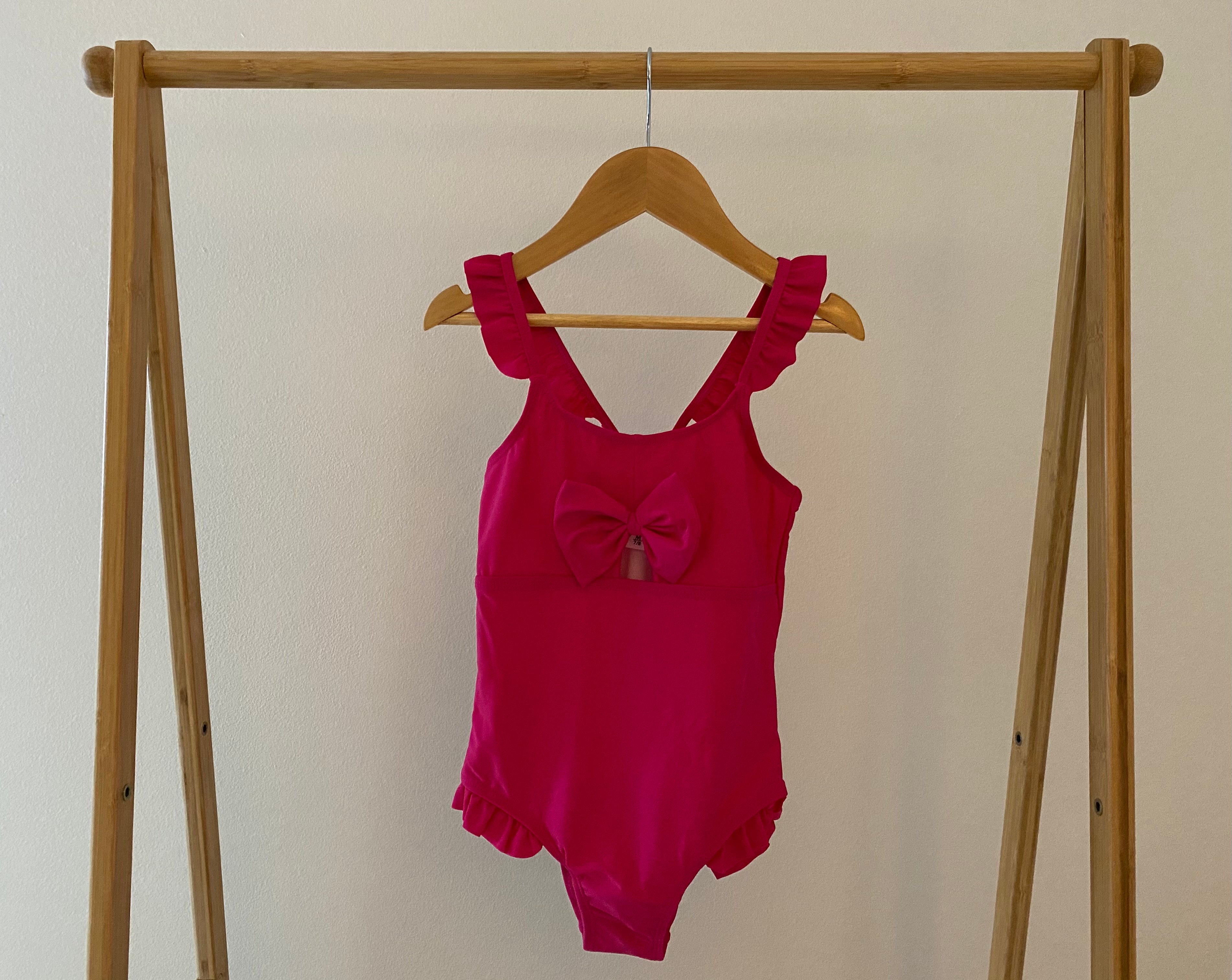 Girl - Fuchsia One Piece Ruffle - Bow Detail.