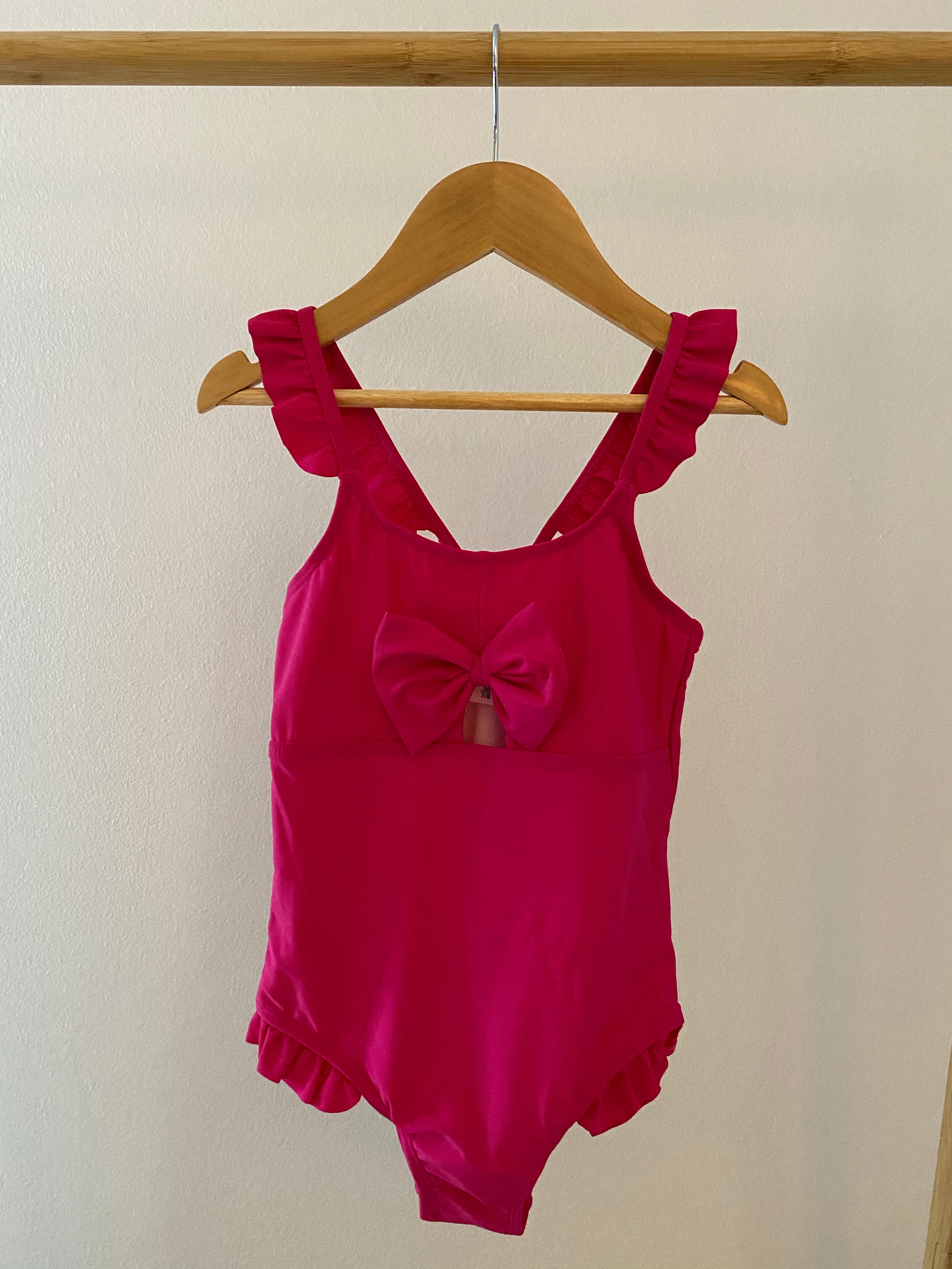 Girl - Fuchsia One Piece Ruffle - Bow Detail.